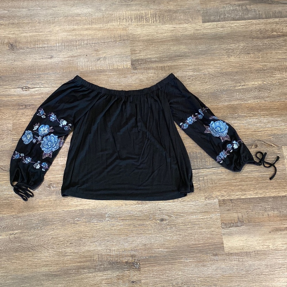 American Eagle black off the shoulder top with embroidery